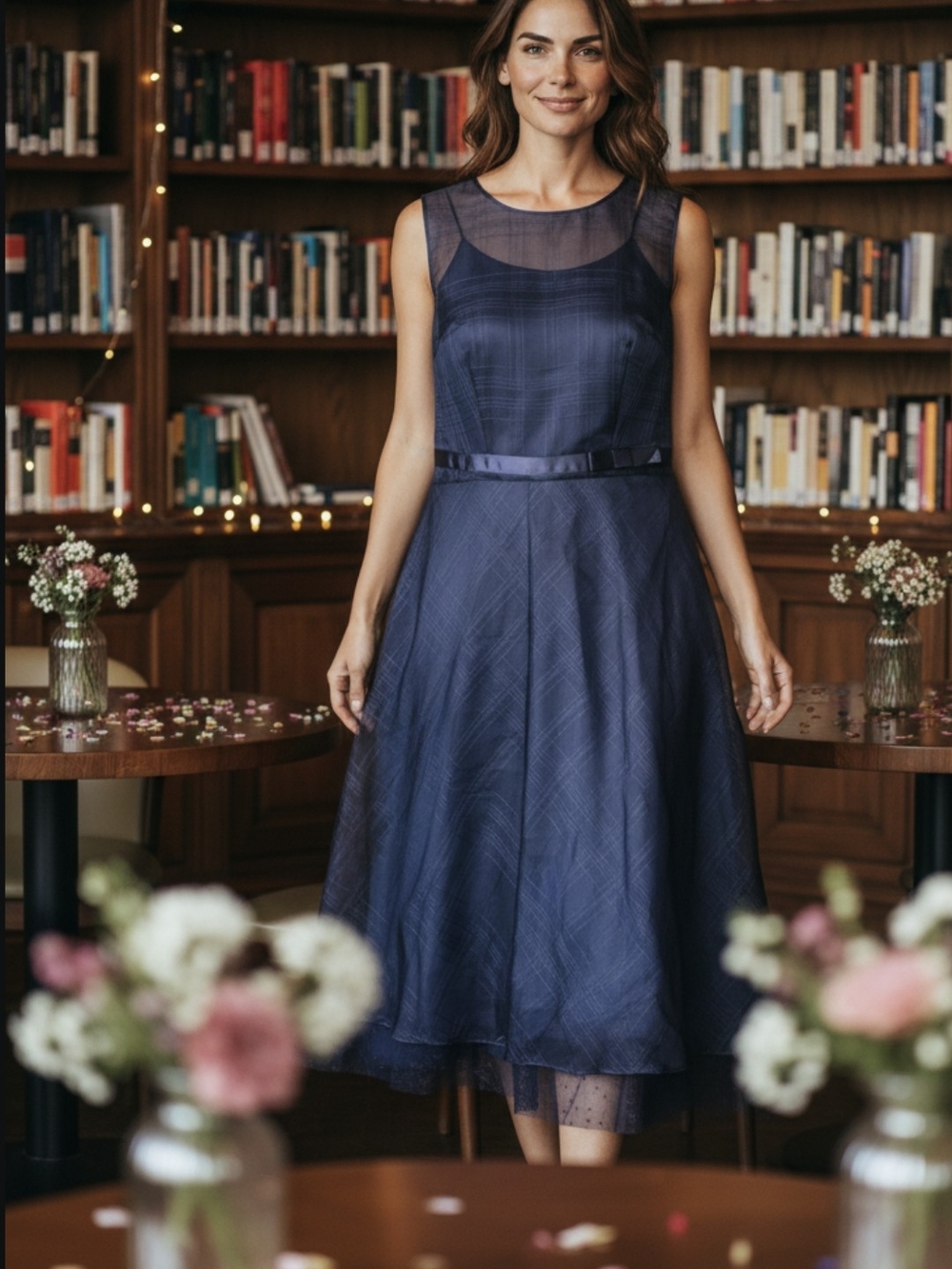 Express Navy Sleeveless A-Line Dress with Sheer Yoke